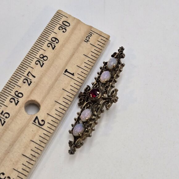 Vintage Sarah Coventry Early Faux Opal Cabochons Bar Brooch Pin Sterling Pink - Picture 5 of 5